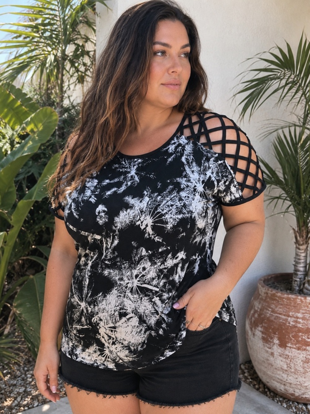 Lovesick Black & White Tropical Tie-Dye Lattice Shoulder Tee